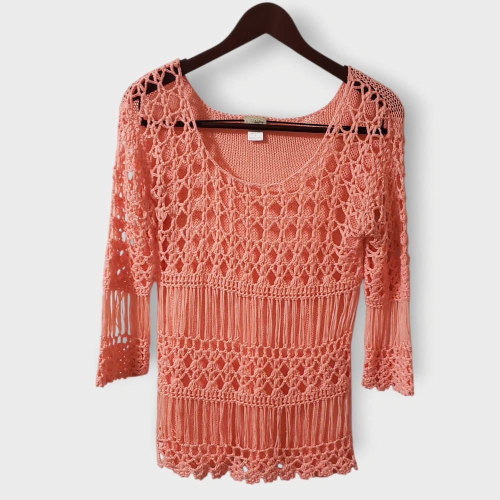 Daytrip Womens Crochet Open‎ Knit Festival Sweater Coral Pink Scoop Neck Sz S